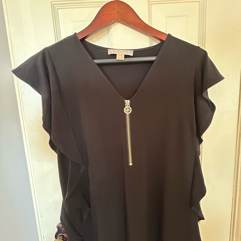 Michael Kors Black Flutter Sleeve V-Neck Top with Gold Zip